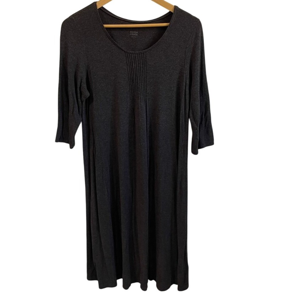 Eileen Fisher Viscose Spandex Dress Knit Casual Pleated 3/4‎ Sleeve Gray Size L